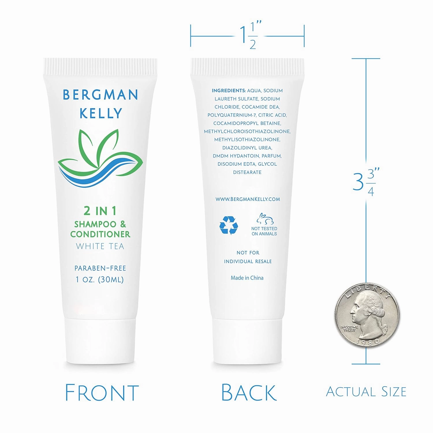 Bergman Kelly - Travel Size 2 in 1 Shampoo & Conditioner - 1 fl oz, 200 PK, White Tea - Delight Your Guests w/Revitalizing & Refreshing Shampoo Amenities, Quality Small Size Hotel Toiletries in Bulk