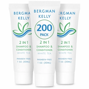 Bergman Kelly - Travel Size 2 in 1 Shampoo & Conditioner - 1 fl oz, 200 PK, White Tea - Delight Your Guests w/Revitalizing & Refreshing Shampoo Amenities, Quality Small Size Hotel Toiletries in Bulk