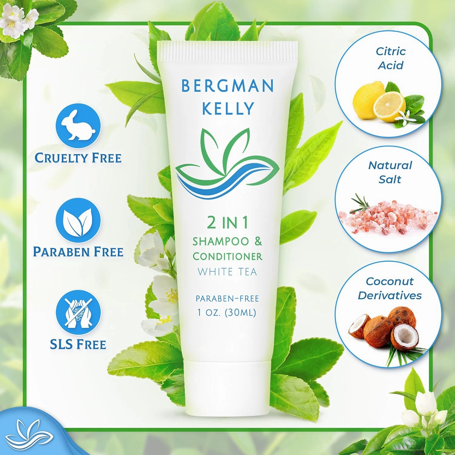 Bergman Kelly - Travel Size 2 in 1 Shampoo & Conditioner - 1 fl oz, 200 PK, White Tea - Delight Your Guests w/Revitalizing & Refreshing Shampoo Amenities, Quality Small Size Hotel Toiletries in Bulk