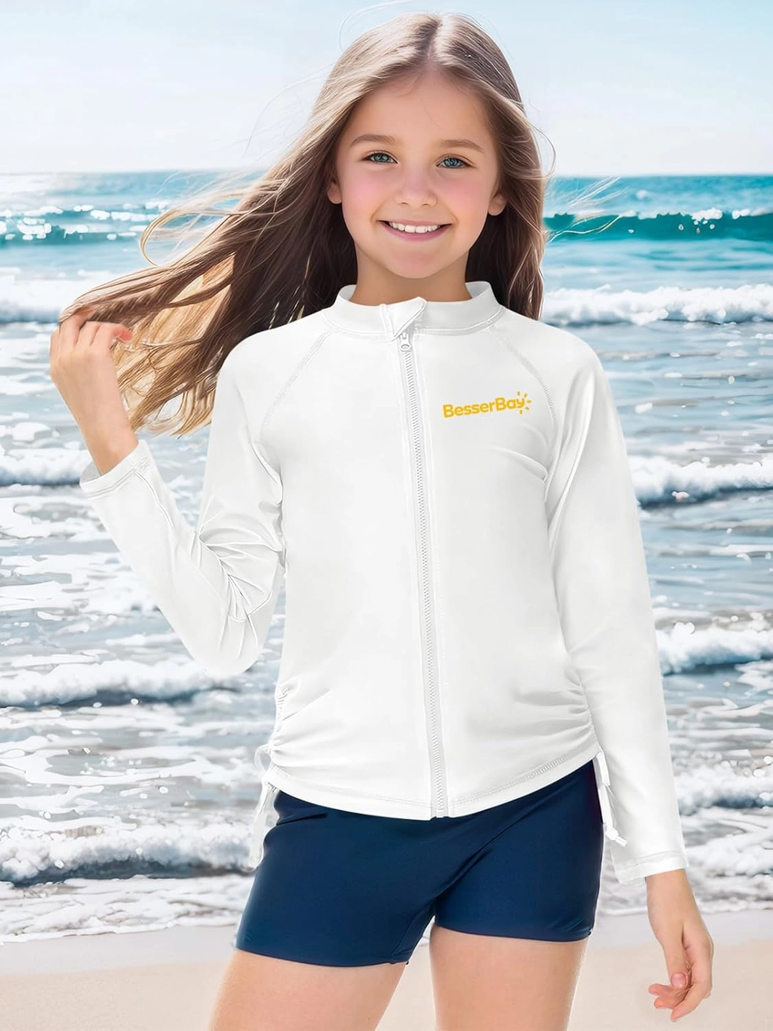BesserBay Girls UPF 50  Zip Up Long Sleeve Ruched Side Adjustable Drawstring Thumb Holes Swim Shirt 4-14 Years