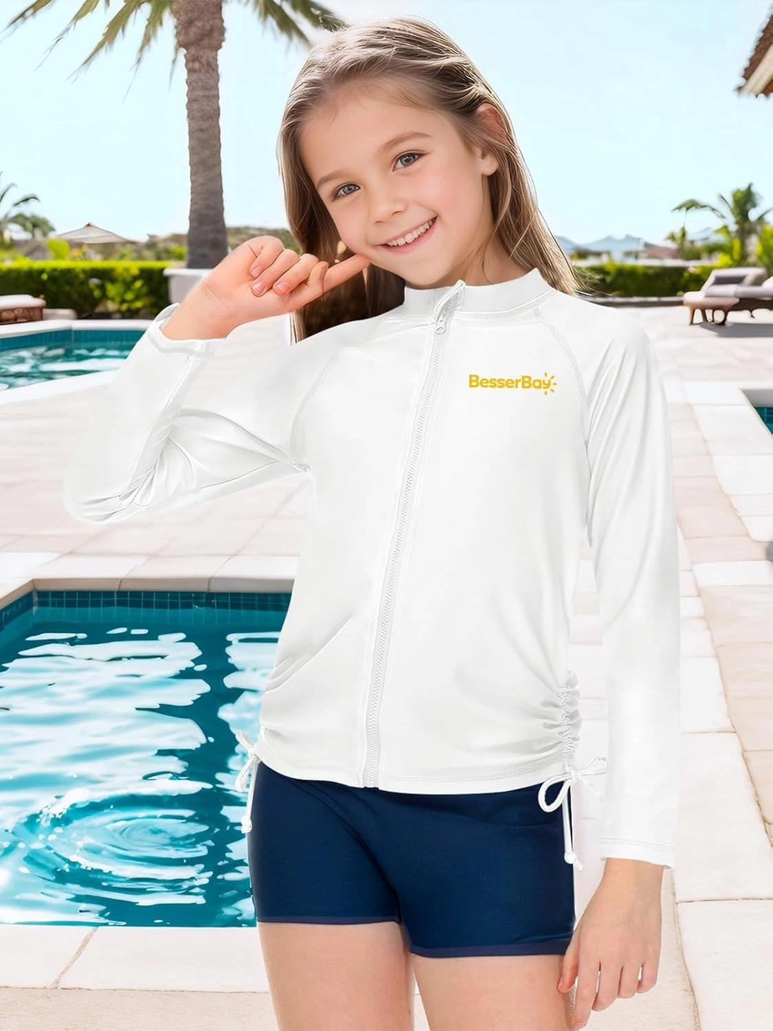 BesserBay Girls UPF 50  Zip Up Long Sleeve Ruched Side Adjustable Drawstring Thumb Holes Swim Shirt 4-14 Years