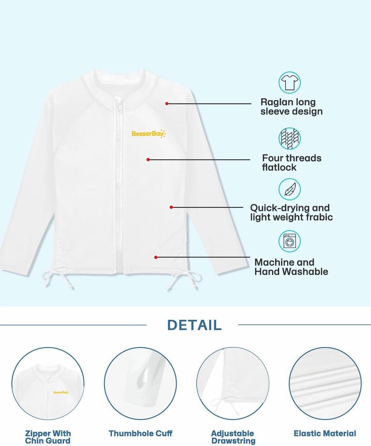 BesserBay Girls UPF 50  Zip Up Long Sleeve Ruched Side Adjustable Drawstring Thumb Holes Swim Shirt 4-14 Years