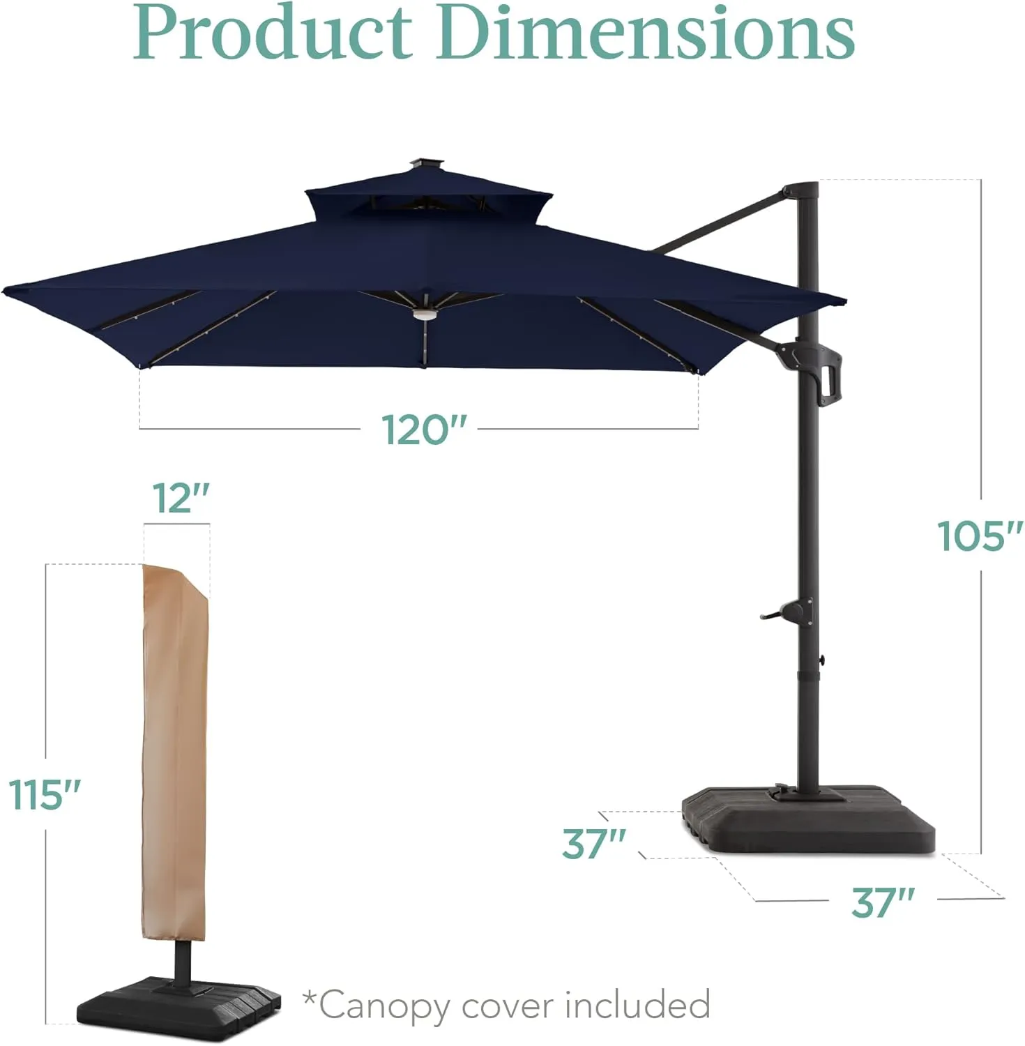 Best Choice Products 10x10ft Cantilever Patio Umbrella w/Base Included, Solar LED Lights 360 Rotation Large Offset Hanging Outdoor Shade for Deck Pool Backyard w/Stand – Navy Blue