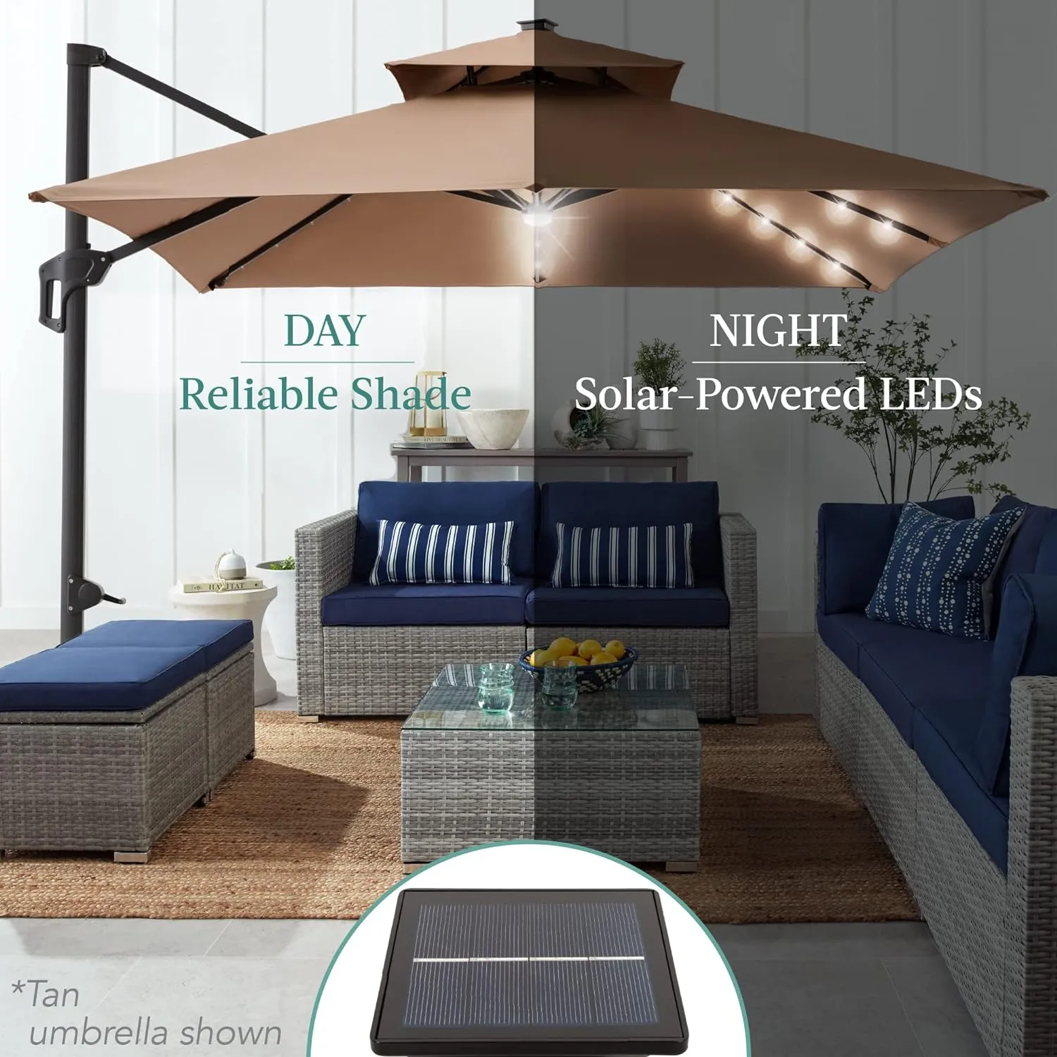 Best Choice Products 10x10ft Cantilever Patio Umbrella w/Base Included, Solar LED Lights 360 Rotation Large Offset Hanging Outdoor Shade for Deck Pool Backyard w/Stand – Navy Blue