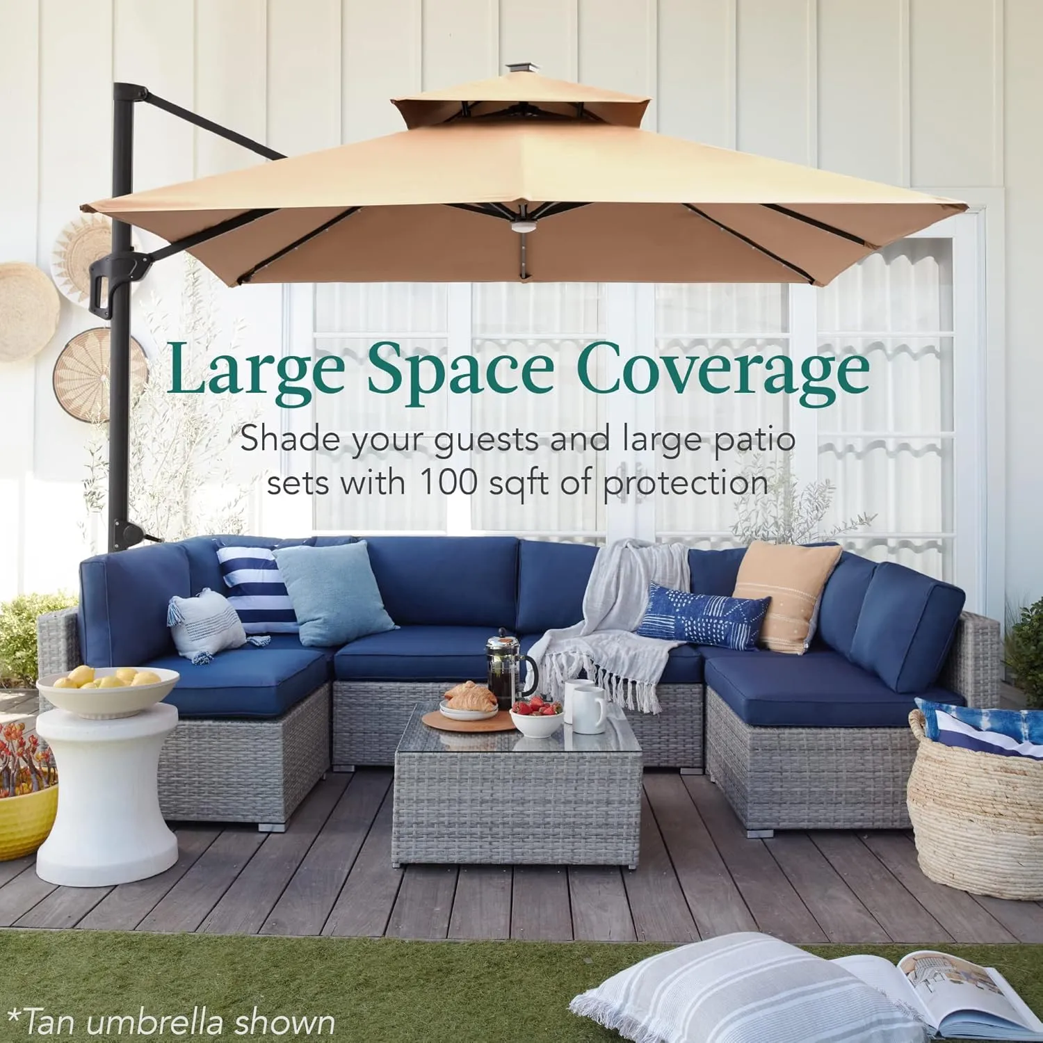 Best Choice Products 10x10ft Cantilever Patio Umbrella w/Base Included, Solar LED Lights 360 Rotation Large Offset Hanging Outdoor Shade for Deck Pool Backyard w/Stand – Navy Blue