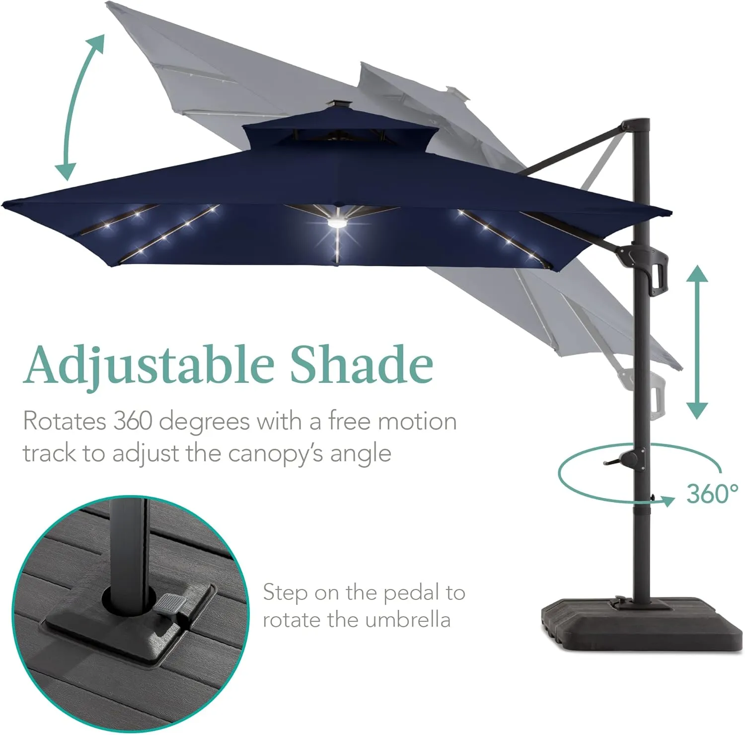 Best Choice Products 10x10ft Cantilever Patio Umbrella w/Base Included, Solar LED Lights 360 Rotation Large Offset Hanging Outdoor Shade for Deck Pool Backyard w/Stand – Navy Blue