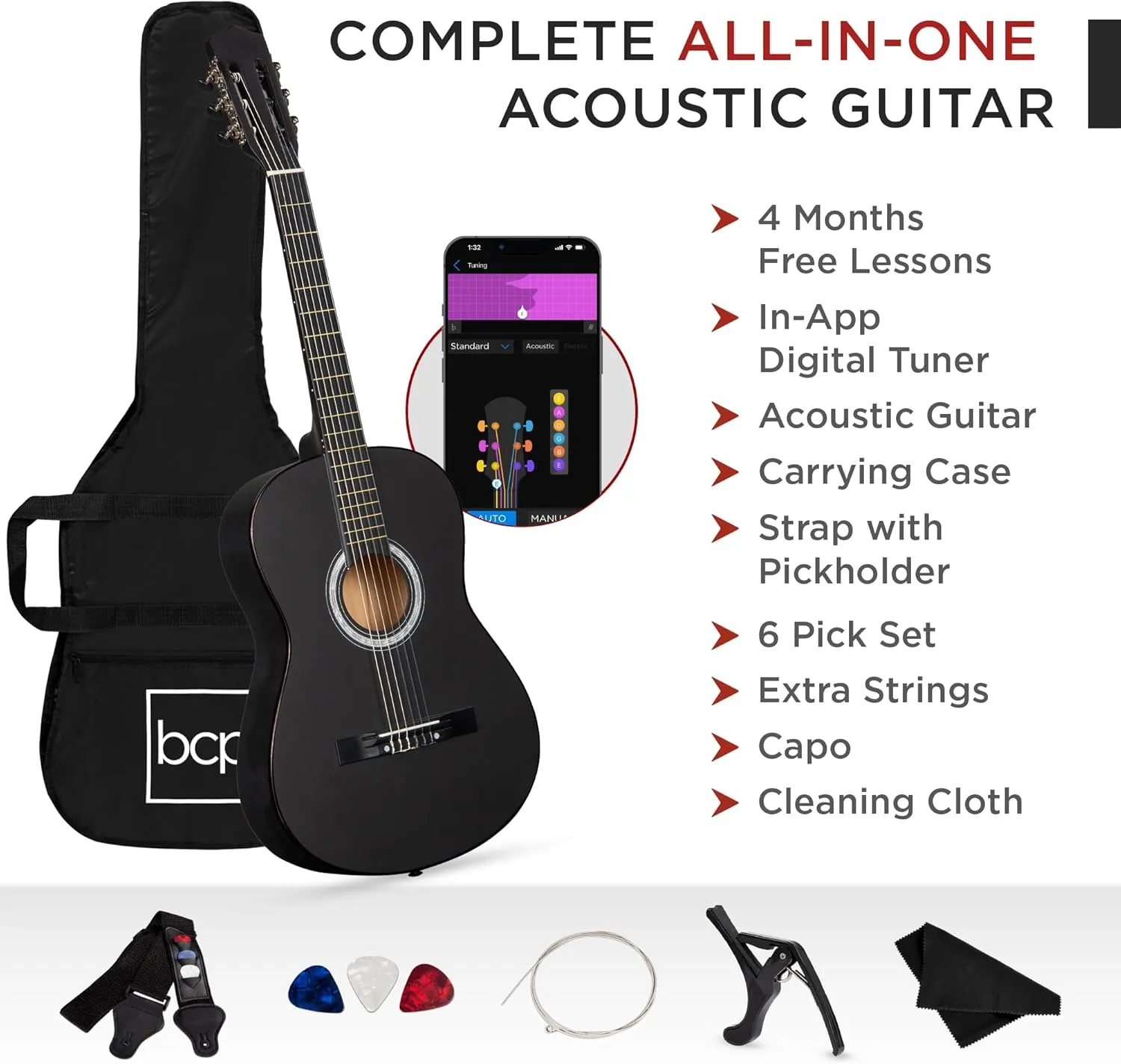 Best Choice Products 38in Beginner All Wood Acoustic Guitar Starter Kit w/Gig Bag, 6 Picks, Nylon Strings, Strap w/Pick Holder - Black