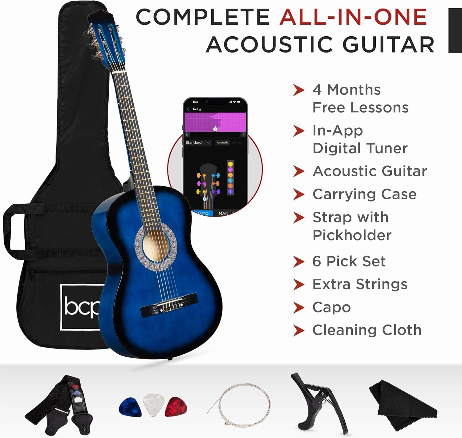 Best Choice Products 38in Beginner All Wood Acoustic Guitar Starter Kit w/Gig Bag, 6 Picks, Nylon Strings, Strap w/Pick Holder - Blue