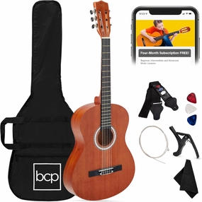 Best Choice Products 38in Beginner All Wood Acoustic Guitar Starter Kit w/Gig Bag, 6 Picks, Nylon Strings, Strap w/Pick Holder - Natural Mahogany