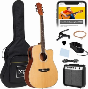 Best Choice Products Beginner Acoustic Electric Guitar Starter Set w/ 41in, All Wood Cutaway Design, Gig Bag, Strap, Picks - Natural