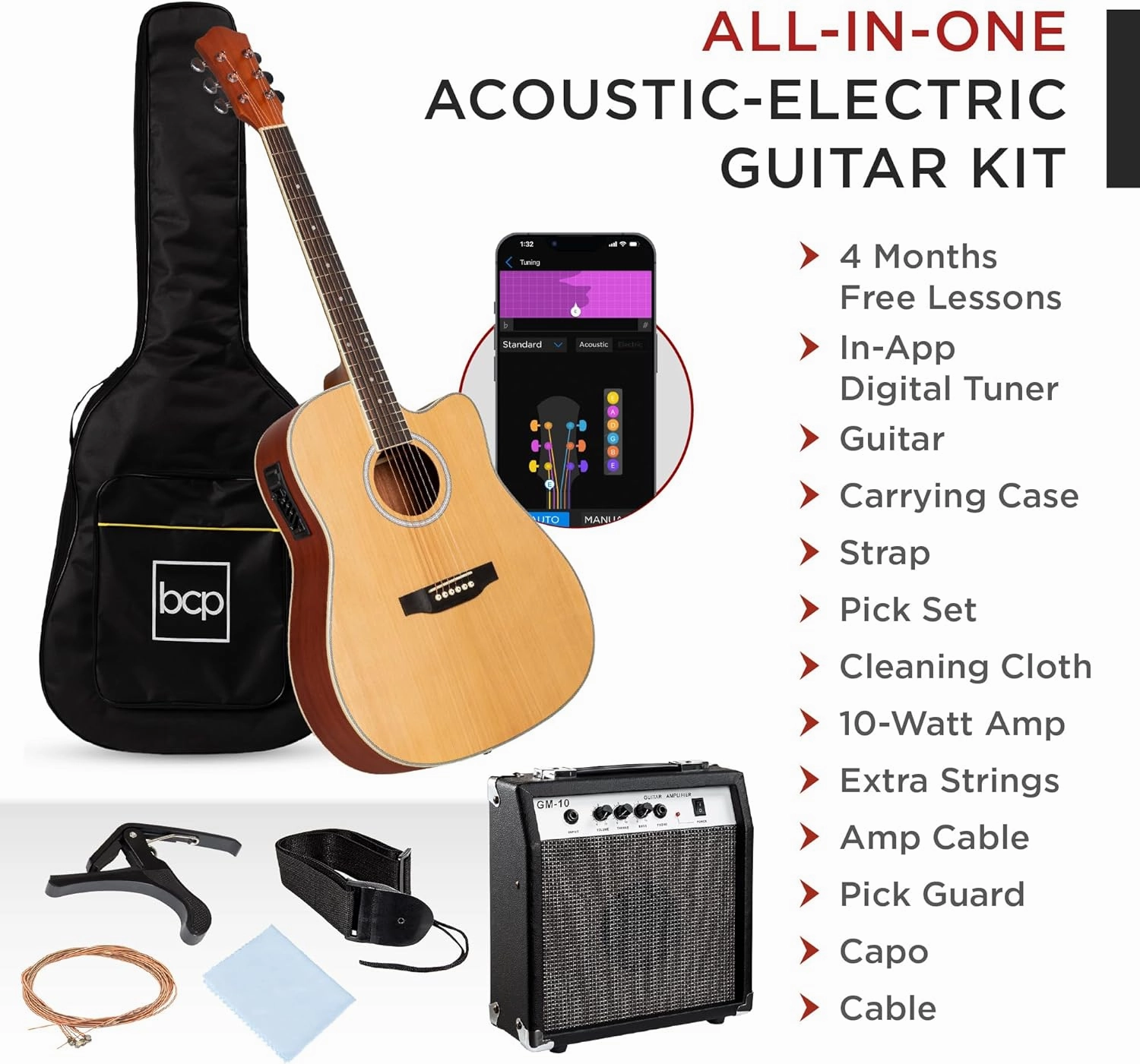Best Choice Products Beginner Acoustic Electric Guitar Starter Set w/ 41in, All Wood Cutaway Design, Gig Bag, Strap, Picks - Natural