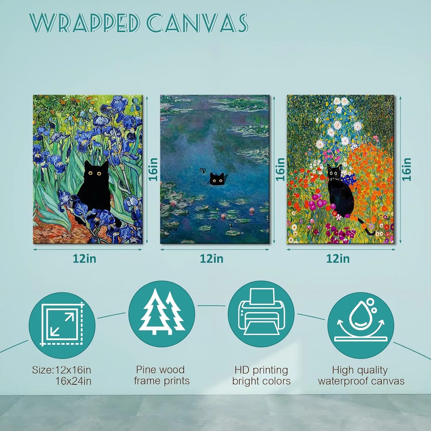 BFKDKG Monet Wall Art Set of 3 - Funny Cat in Water Lilies Canvas Paintings Prints, Garden Flowers Black Cat Aesthetic Pictures for Room Bedroom Living Room Bathroom (Black Cat Water Lily, 12*16*3, Wrapped Canvas)