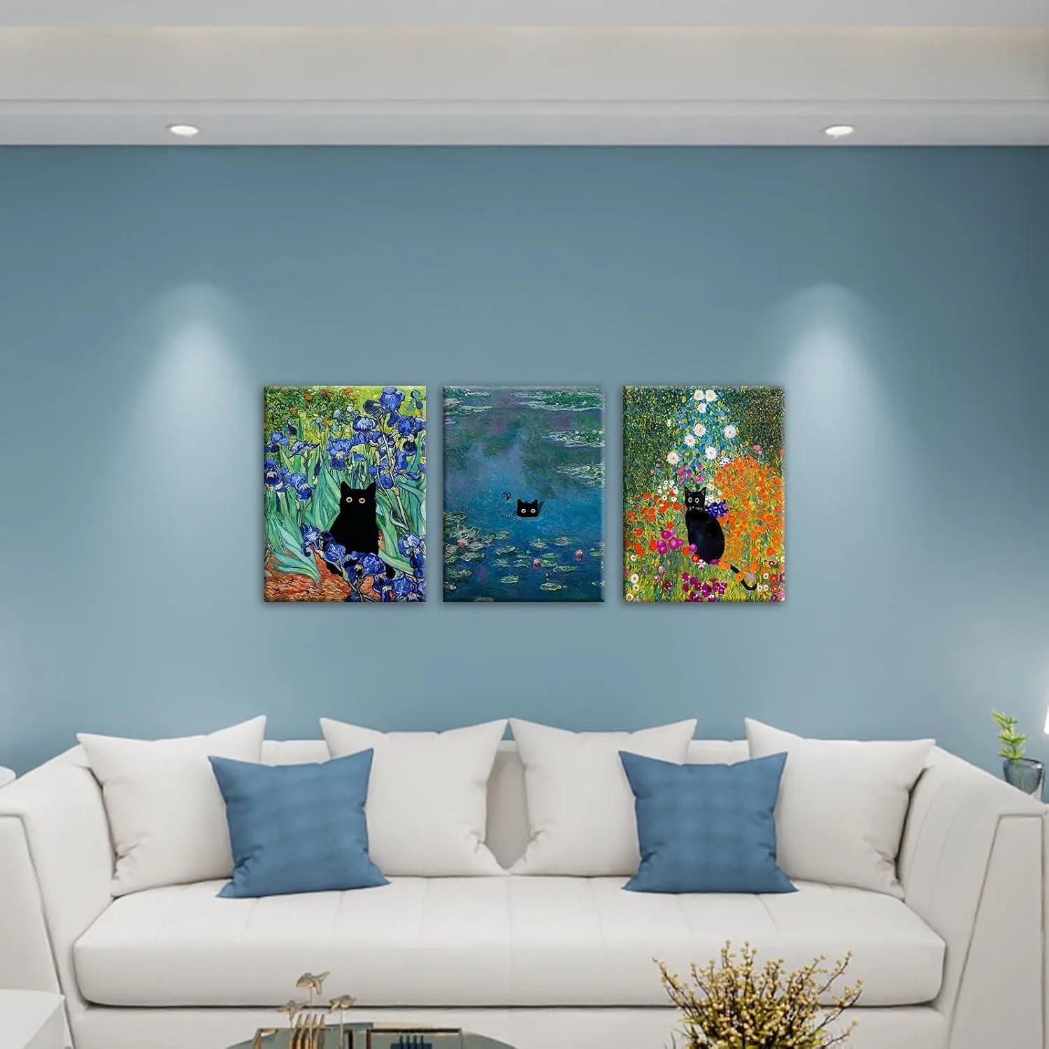 BFKDKG Monet Wall Art Set of 3 - Funny Cat in Water Lilies Canvas Paintings Prints, Garden Flowers Black Cat Aesthetic Pictures for Room Bedroom Living Room Bathroom (Black Cat Water Lily, 12*16*3, Wrapped Canvas)