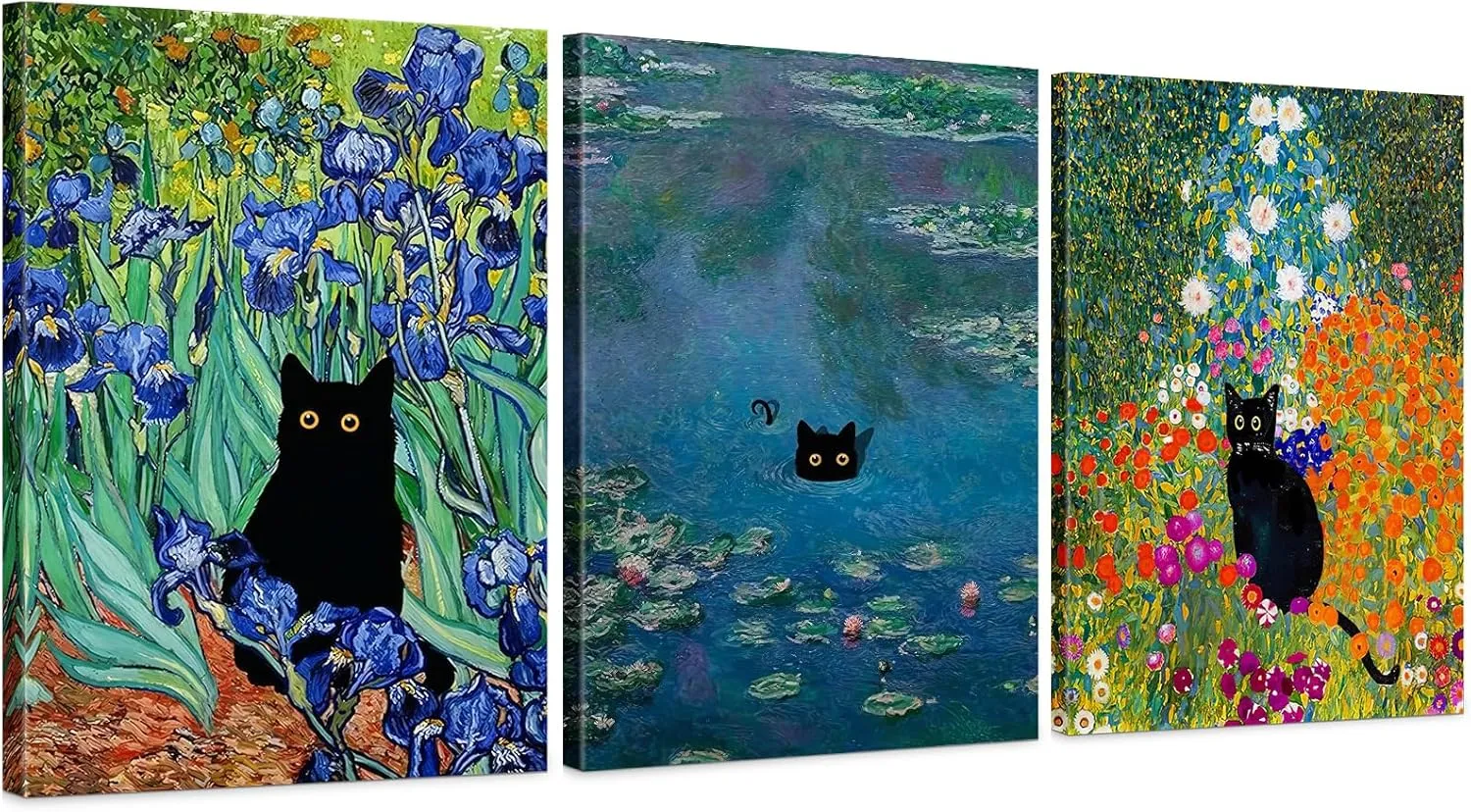 BFKDKG Monet Wall Art Set of 3 - Funny Cat in Water Lilies Canvas Paintings Prints, Garden Flowers Black Cat Aesthetic Pictures for Room Bedroom Living Room Bathroom (Black Cat Water Lily, 12*16*3, Wrapped Canvas)