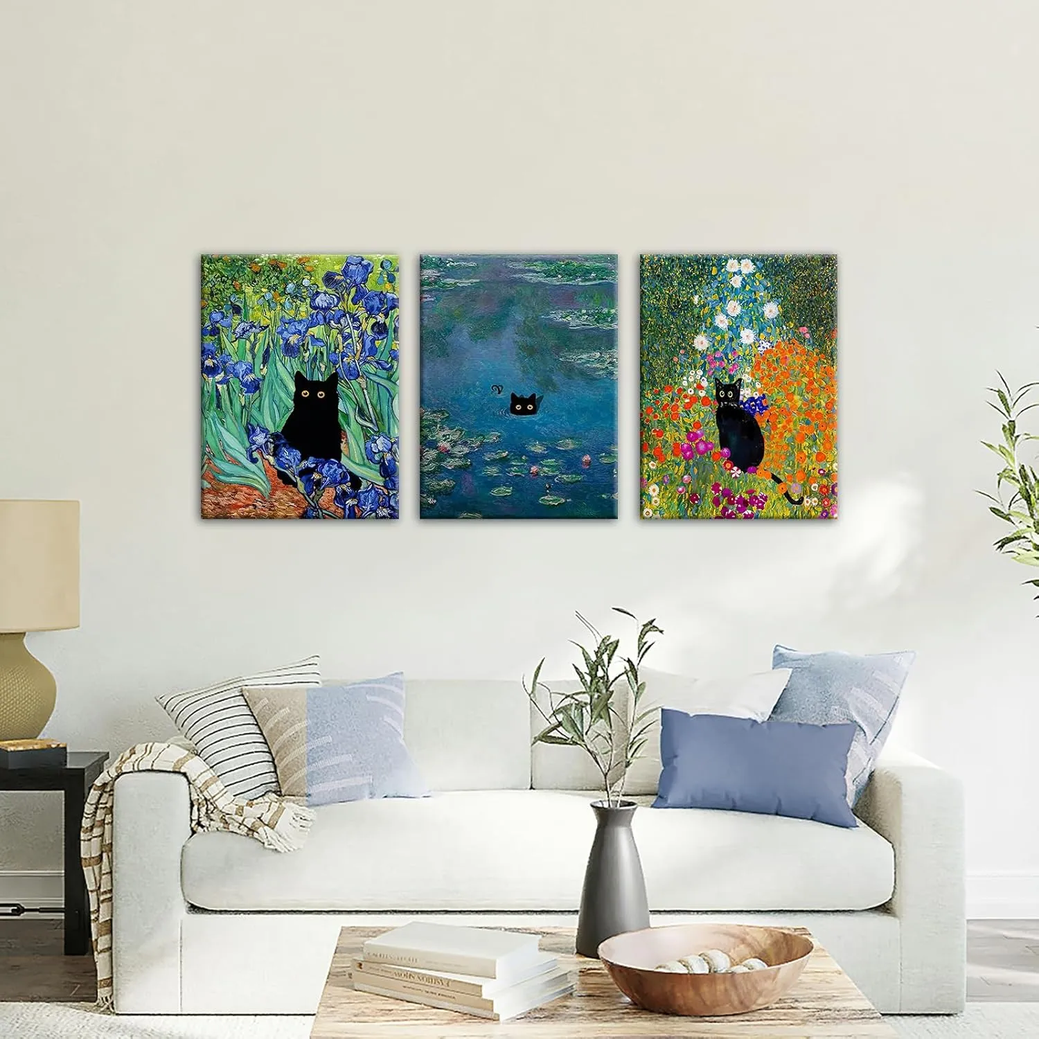 BFKDKG Monet Wall Art Set of 3 - Funny Cat in Water Lilies Canvas Paintings Prints, Garden Flowers Black Cat Aesthetic Pictures for Room Bedroom Living Room Bathroom (Black Cat Water Lily, 12*16*3, Wrapped Canvas)