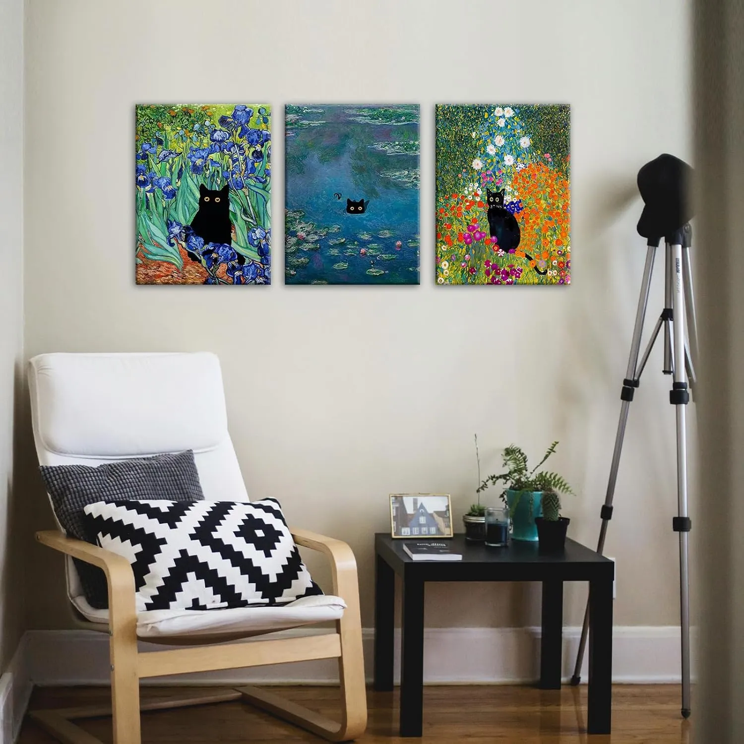 BFKDKG Monet Wall Art Set of 3 - Funny Cat in Water Lilies Canvas Paintings Prints, Garden Flowers Black Cat Aesthetic Pictures for Room Bedroom Living Room Bathroom (Black Cat Water Lily, 12*16*3, Wrapped Canvas)