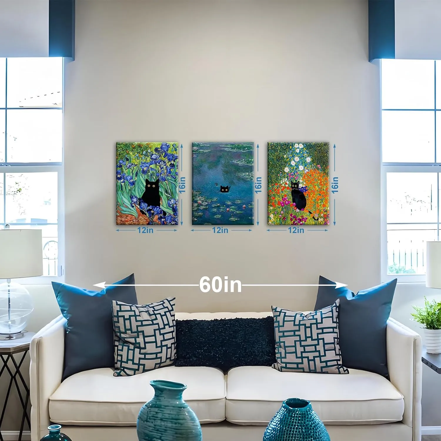 BFKDKG Monet Wall Art Set of 3 - Funny Cat in Water Lilies Canvas Paintings Prints, Garden Flowers Black Cat Aesthetic Pictures for Room Bedroom Living Room Bathroom (Black Cat Water Lily, 12*16*3, Wrapped Canvas)