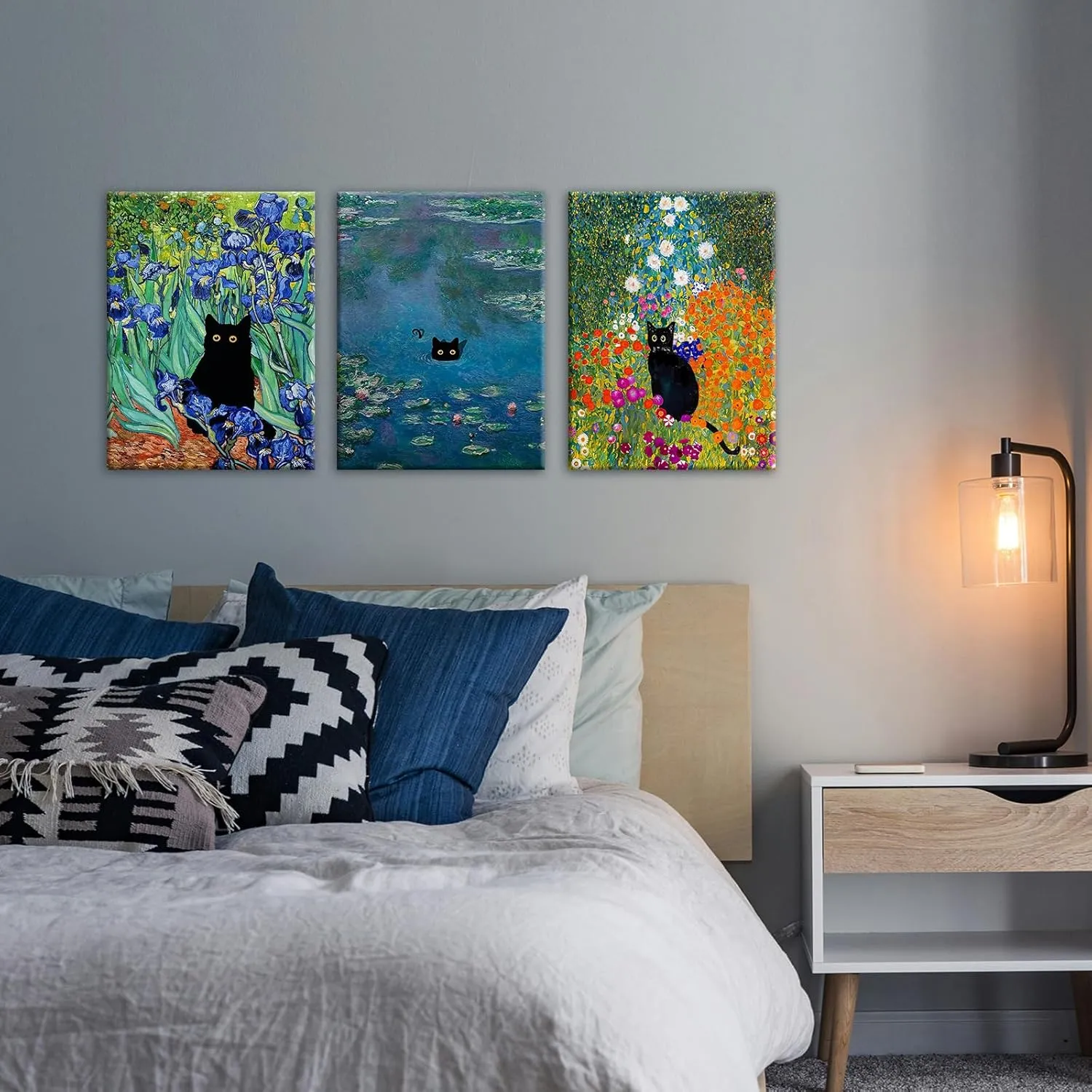 BFKDKG Monet Wall Art Set of 3 - Funny Cat in Water Lilies Canvas Paintings Prints, Garden Flowers Black Cat Aesthetic Pictures for Room Bedroom Living Room Bathroom (Black Cat Water Lily, 12*16*3, Wrapped Canvas)