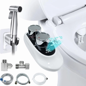 Bidet Attachment for Toilet Warm Water, 2-in-1 Non-Electric Bidet Attachment with Handheld Bidet Sprayer, Temperature Display Hot & Cold Water Rear Wash Self-Cleaning Adjustable Pressure Dual Nozzle