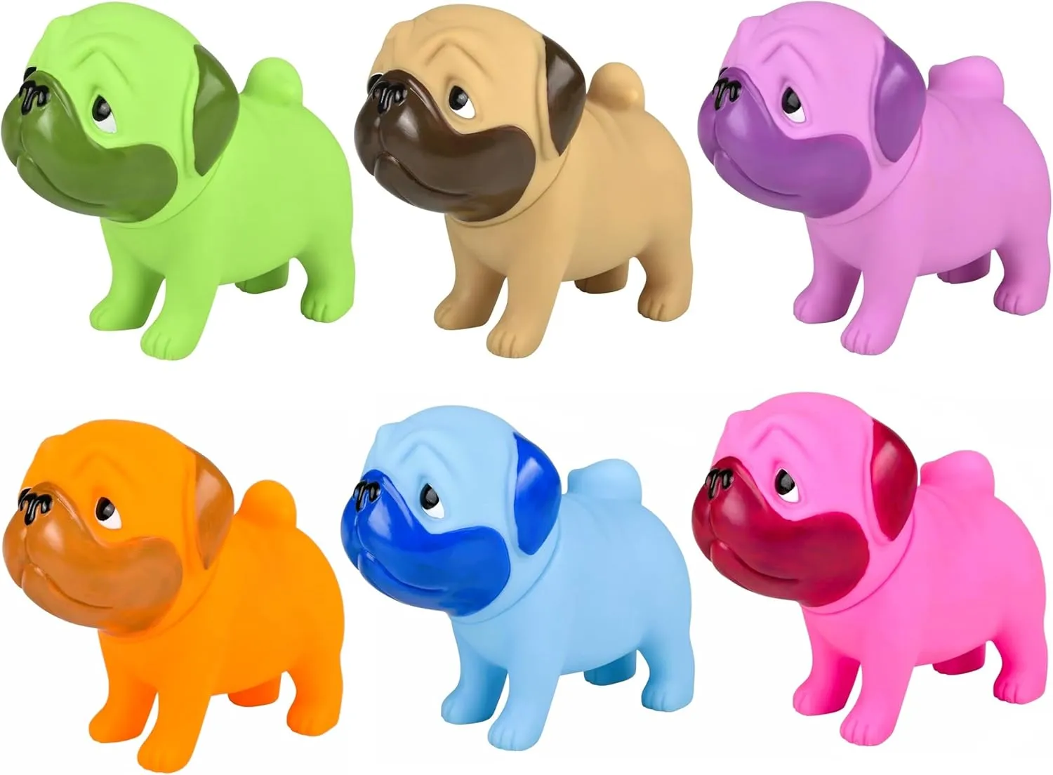 Big Rubber Pug Dog with Squeaky Sound and Movable Head (Large - 5.5" Toll and 6" Wide) Collectible 6 Colors: Pink, Purple, Green, Blue, Beige and Orange. (6 Pack (1 of Each Color))