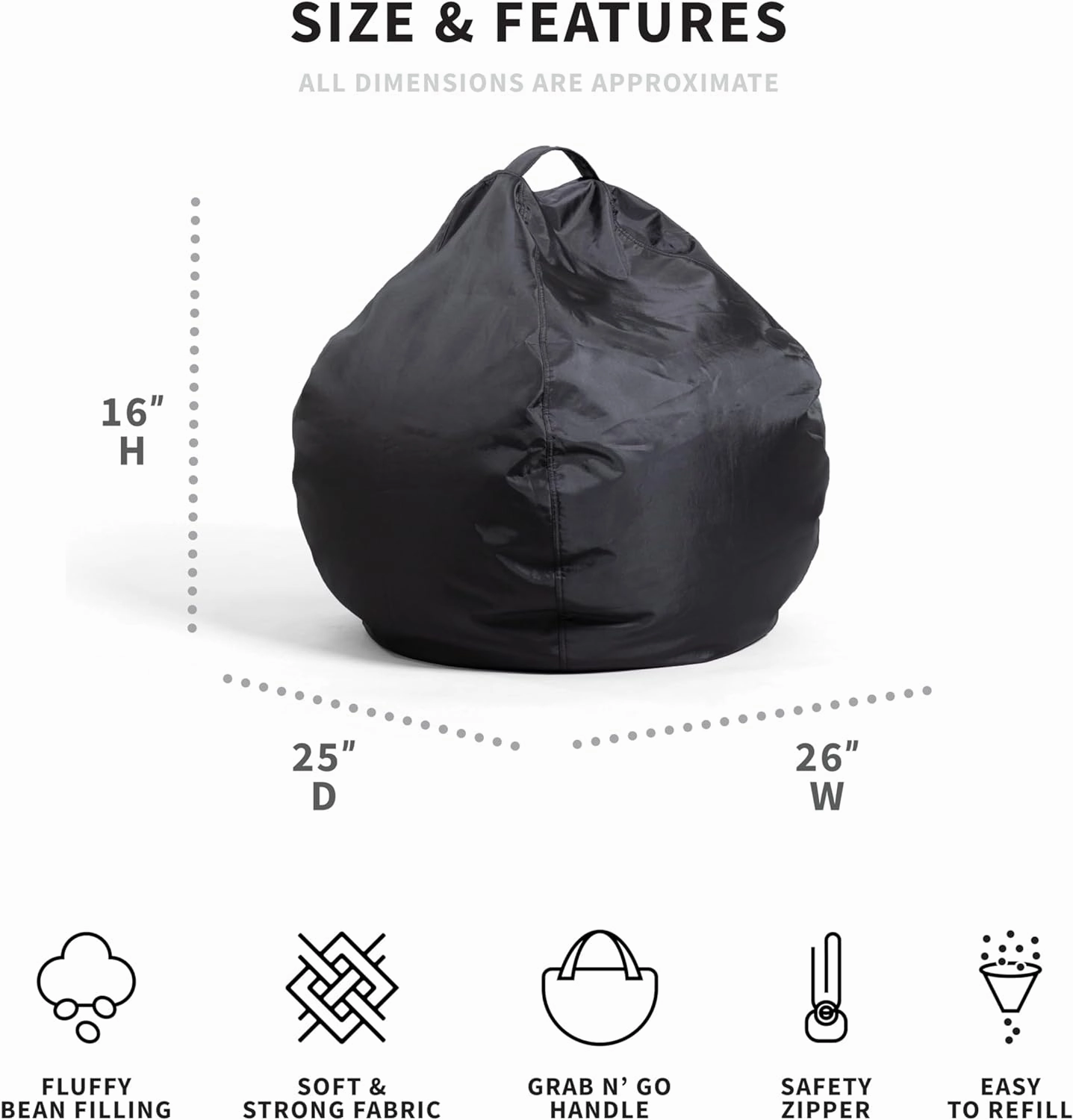 Big Joe Classic Bean Bag Chair, Black Smartmax, Durable Polyester Nylon Blend, 2 feet Teardrop