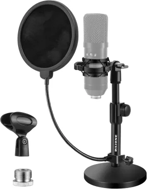 BILIONE Multifunctional Desktop Microphone Stand, Adjustable Mic Stand Desk with Pop Filter, Shock Mount, Microphone Clip, 5/8" to 3/8" Metal Screw Adapter