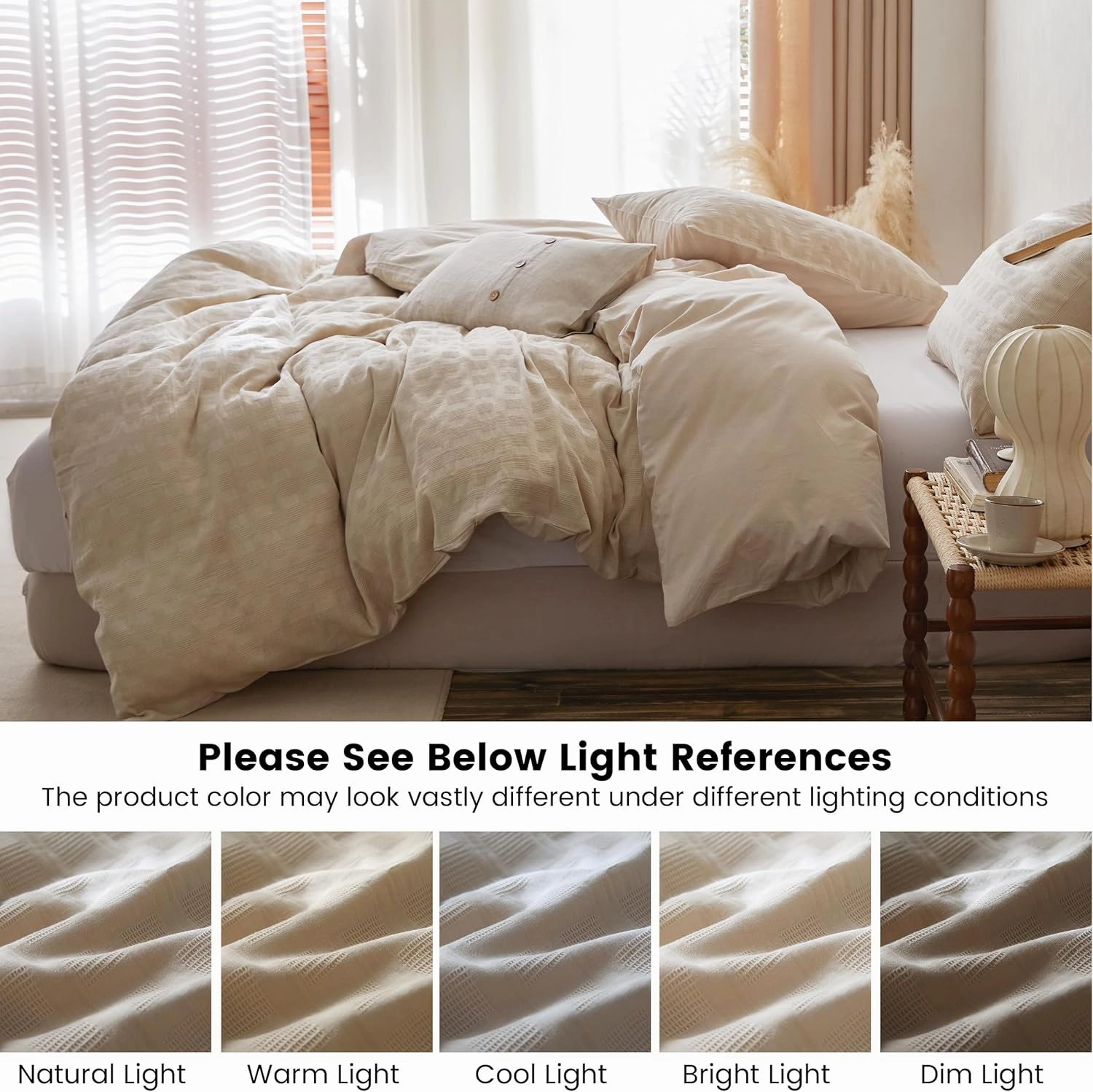 BISELINA 100% Cotton Duvet Cover Set Waffle Weave 3PCS (1 Comforter Cover, 2 Pillow Shams) Reversible Soft Skin-Friendly Breathable Shabby Chic Bedding for All Season - Khaki, King Size