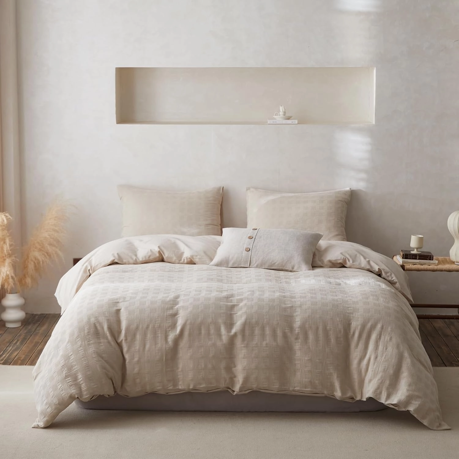 BISELINA 100% Cotton Duvet Cover Set Waffle Weave 3PCS (1 Comforter Cover, 2 Pillow Shams) Reversible Soft Skin-Friendly Breathable Shabby Chic Bedding for All Season - Khaki, King Size