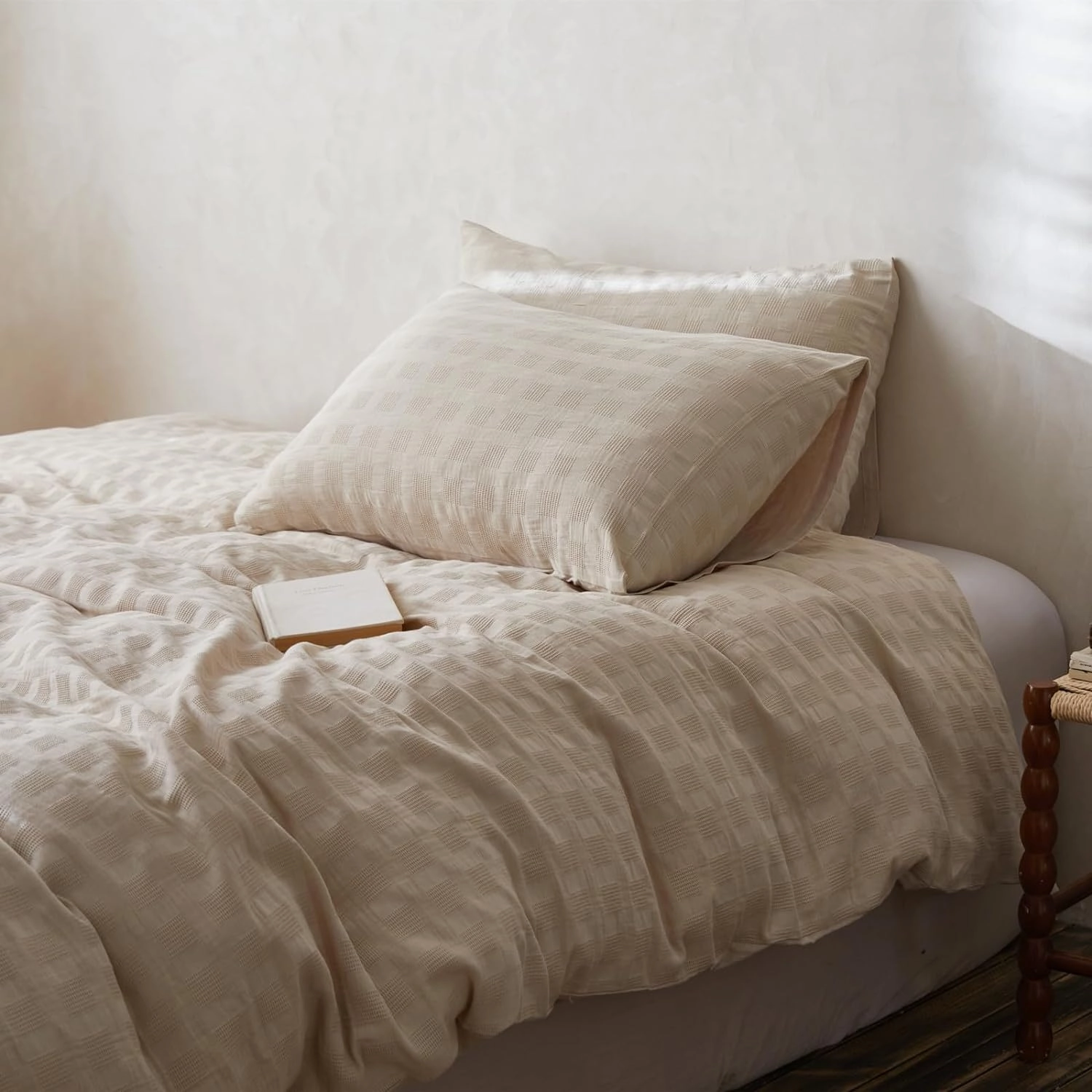 BISELINA 100% Cotton Duvet Cover Set Waffle Weave 3PCS (1 Comforter Cover, 2 Pillow Shams) Reversible Soft Skin-Friendly Breathable Shabby Chic Bedding for All Season - Khaki, King Size