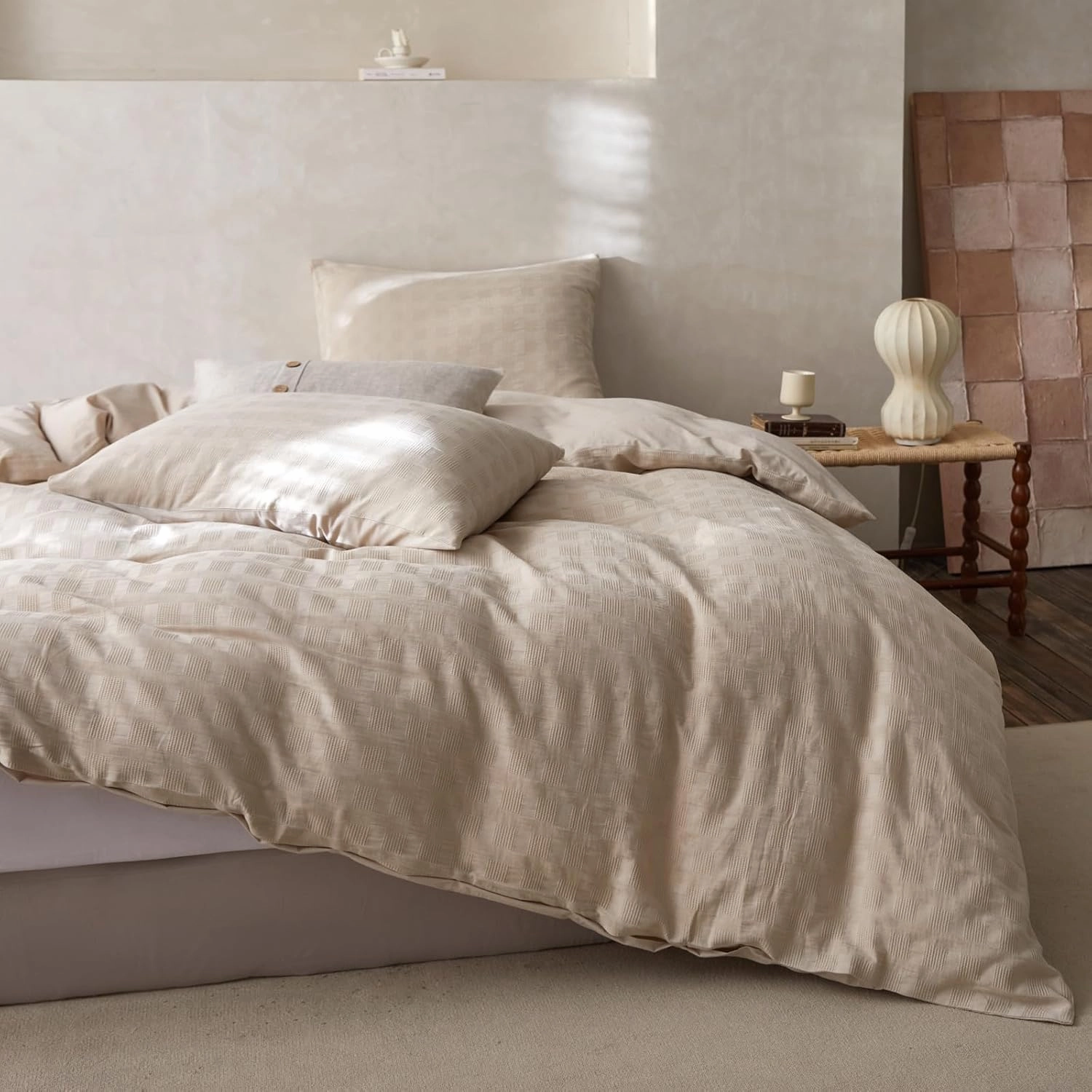 BISELINA 100% Cotton Duvet Cover Set Waffle Weave 3PCS (1 Comforter Cover, 2 Pillow Shams) Reversible Soft Skin-Friendly Breathable Shabby Chic Bedding for All Season - Khaki, King Size