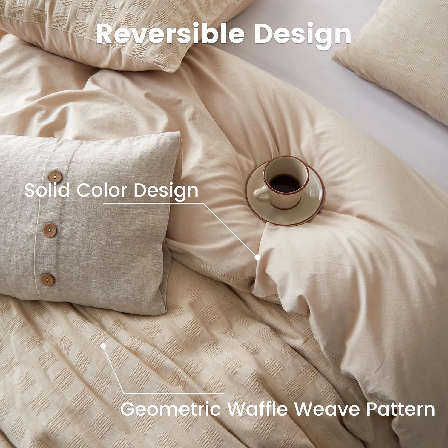 BISELINA 100% Cotton Duvet Cover Set Waffle Weave 3PCS (1 Comforter Cover, 2 Pillow Shams) Reversible Soft Skin-Friendly Breathable Shabby Chic Bedding for All Season - Khaki, King Size