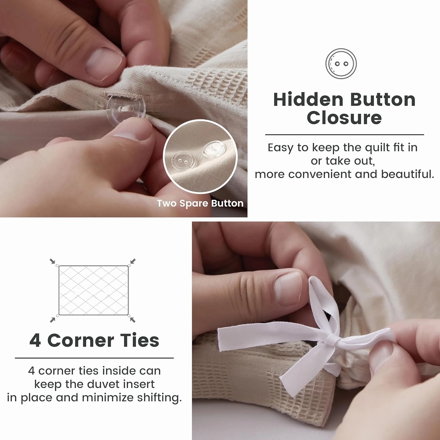 BISELINA 100% Cotton Duvet Cover Set Waffle Weave 3PCS (1 Comforter Cover, 2 Pillow Shams) Reversible Soft Skin-Friendly Breathable Shabby Chic Bedding for All Season - Khaki, King Size