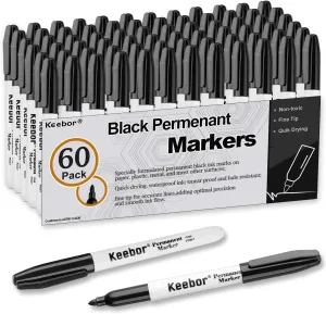 Black Permanent Markers Fine Tip, 60 Pack, Quick Drying & Fade Resistant, Permanent Marker Set for Wood, Plastic, Paper, Metal, And More