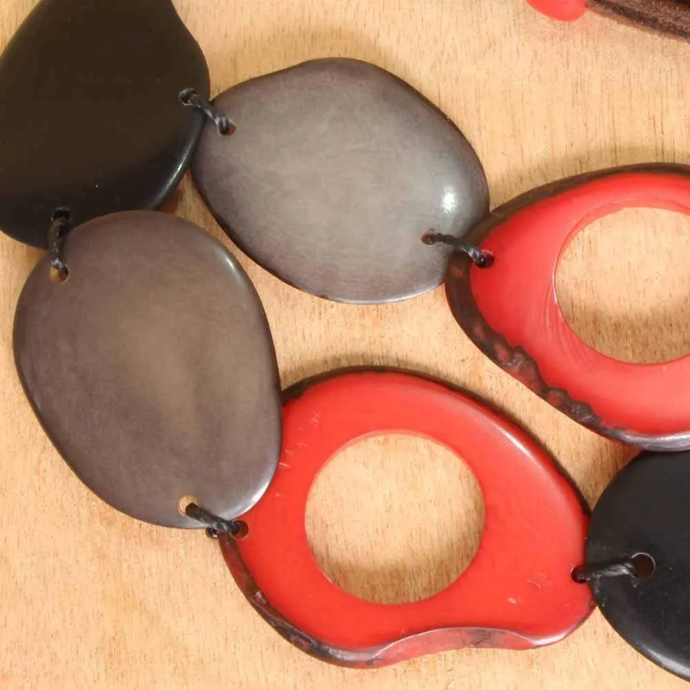 Black Red and Gray Bib Necklace and Earrings of Tagua, Chunky Bib, Handmade Fair Trade Eco Jewelry for Women