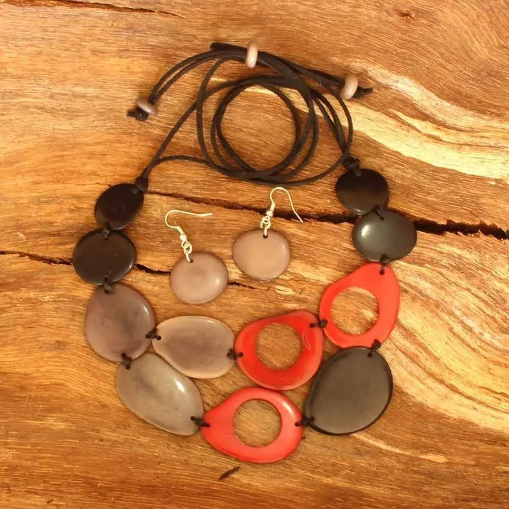 Black Red and Gray Bib Necklace and Earrings of Tagua, Chunky Bib, Handmade Fair Trade Eco Jewelry for Women