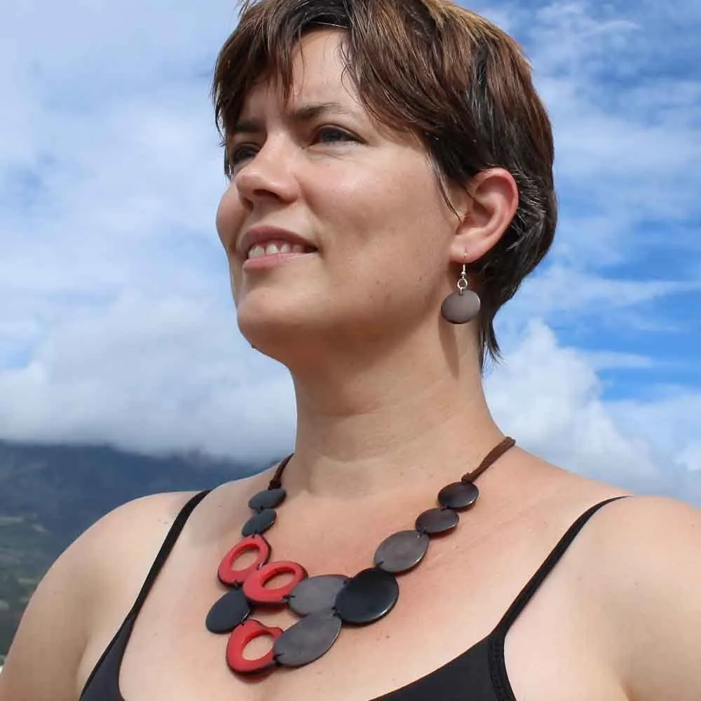 Black Red and Gray Bib Necklace and Earrings of Tagua, Chunky Bib, Handmade Fair Trade Eco Jewelry for Women