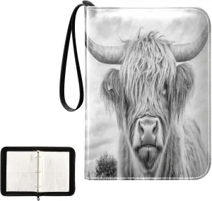 Black White Highland Cow Painting Card Binder 4 Pocket, Trading Card Holder Fits 400 Game Cards with 50 Removable Sleeves, MTG Card Case Standard Size