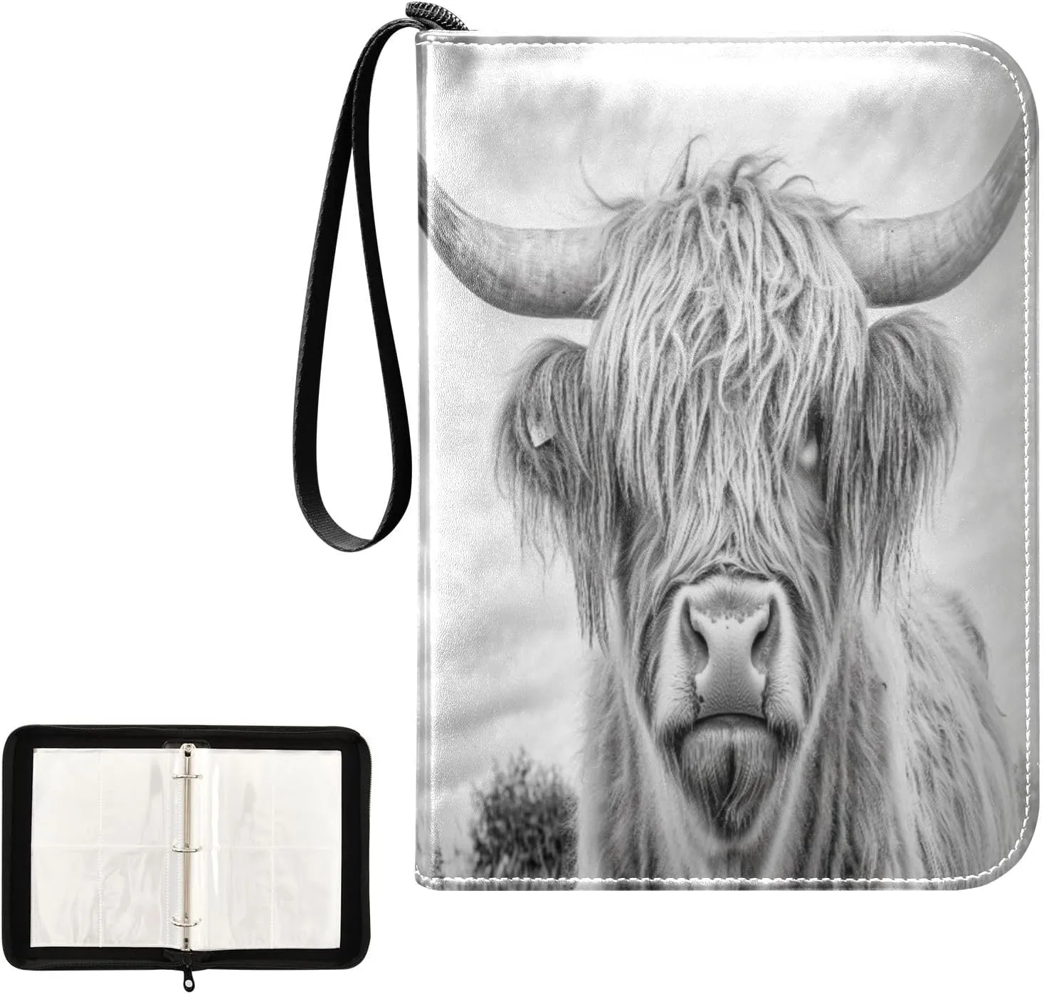 Black White Highland Cow Painting Card Binder 4 Pocket, Trading Card Holder Fits 400 Game Cards with 50 Removable Sleeves, MTG Card Case Standard Size