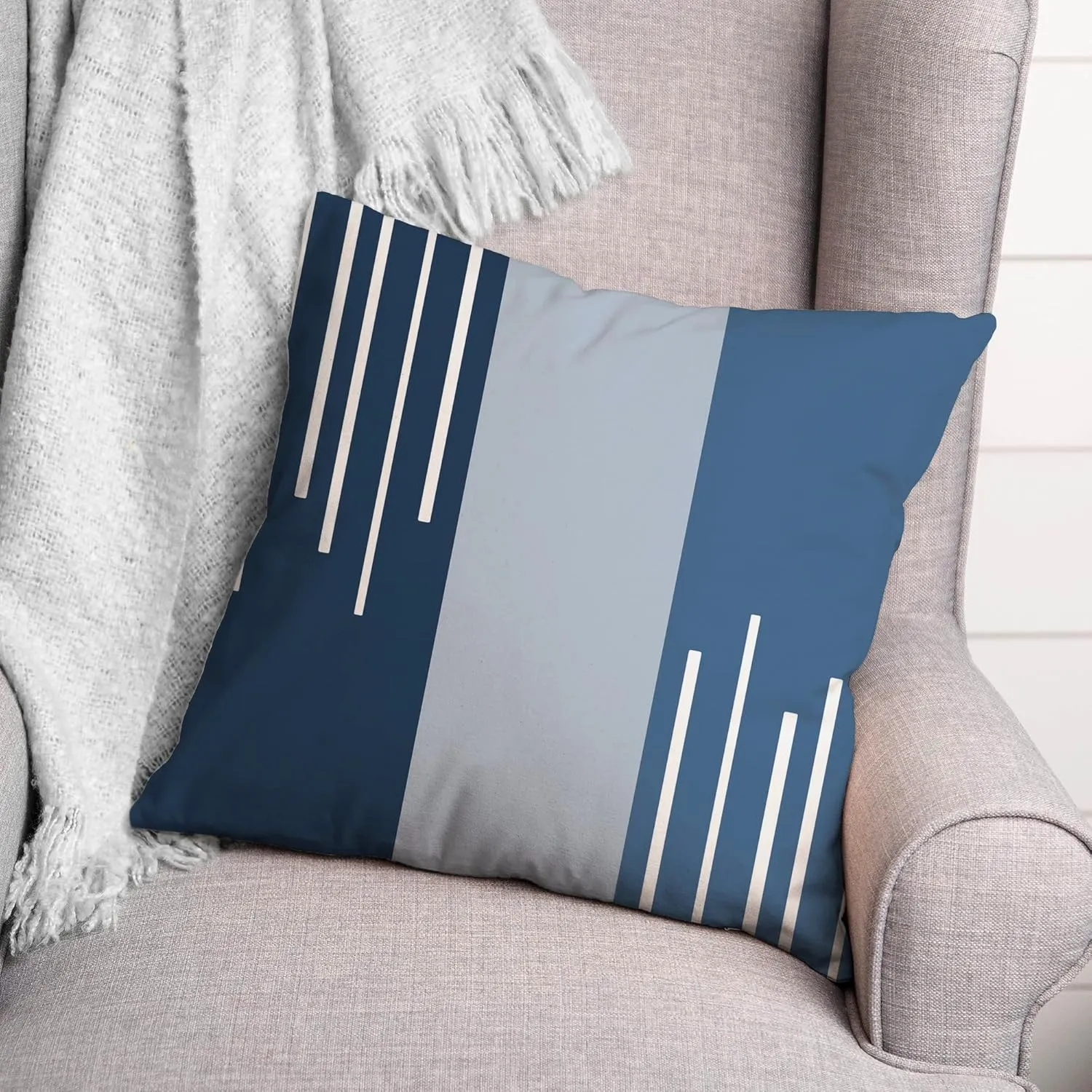 Blue Blocks and Stripes Throw Pillow | Decorative Pillows for Living Room Couch Bed Sofa, Fluffy Soft Cushion | Blue, 18x18