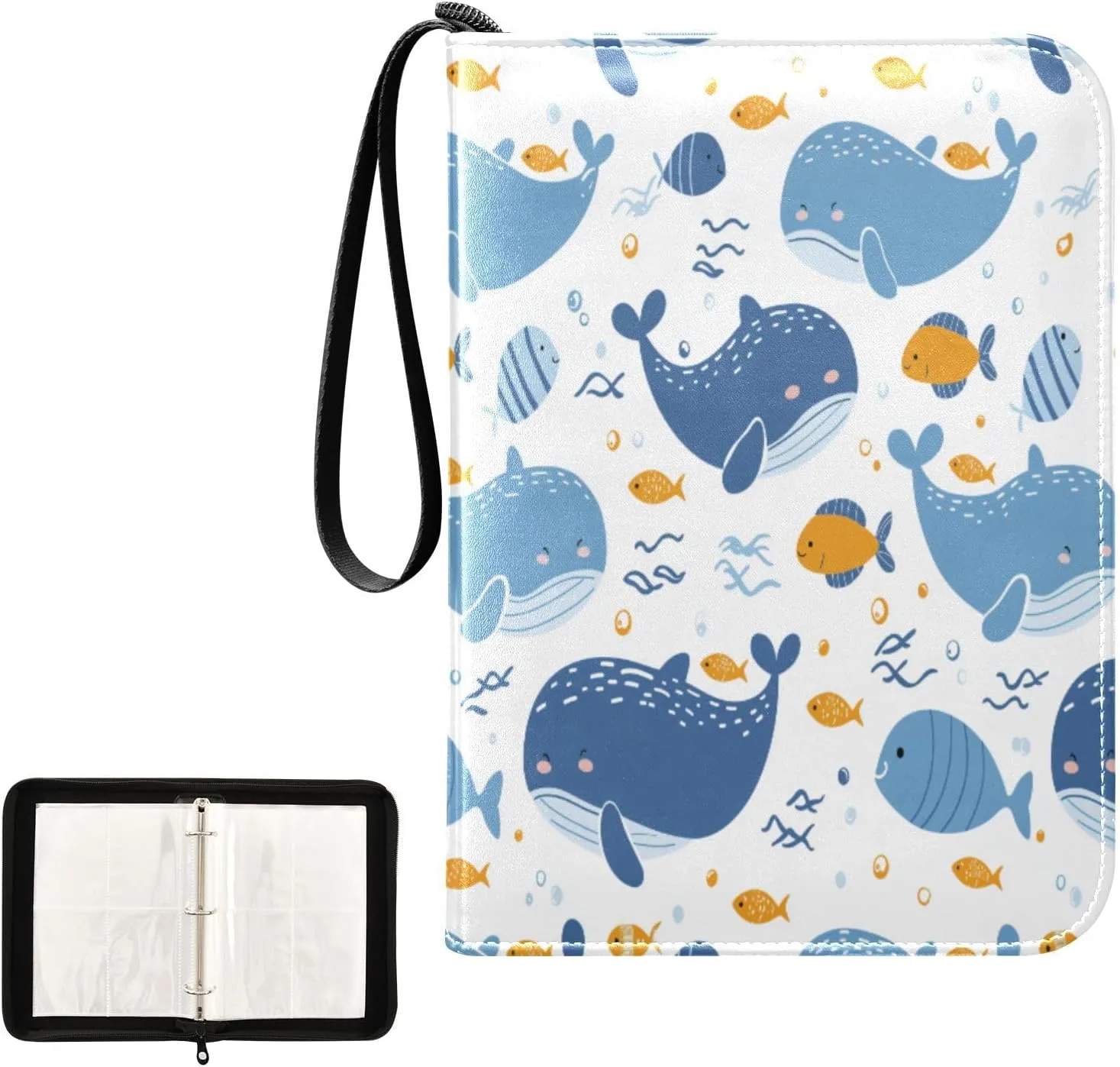Blue Cartoon Fish Whale Card Binder 4 Pocket, Trading Card Holder Fits 400 Game Cards with 50 Removable Sleeves, MTG Card Case Standard Size