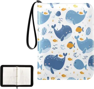Blue Cartoon Fish Whale Card Binder 4 Pocket, Trading Card Holder Fits 400 Game Cards with 50 Removable Sleeves, MTG Card Case Standard Size