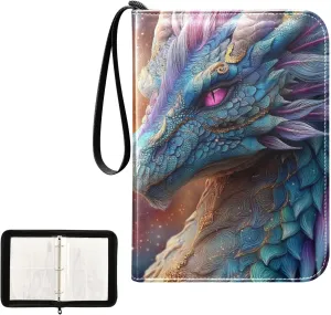 Blue Pink Colorful Dragon Card Binder 4 Pocket, Trading Card Holder Fits 400 Game Cards with 50 Removable Sleeves, MTG Card Case Standard Size