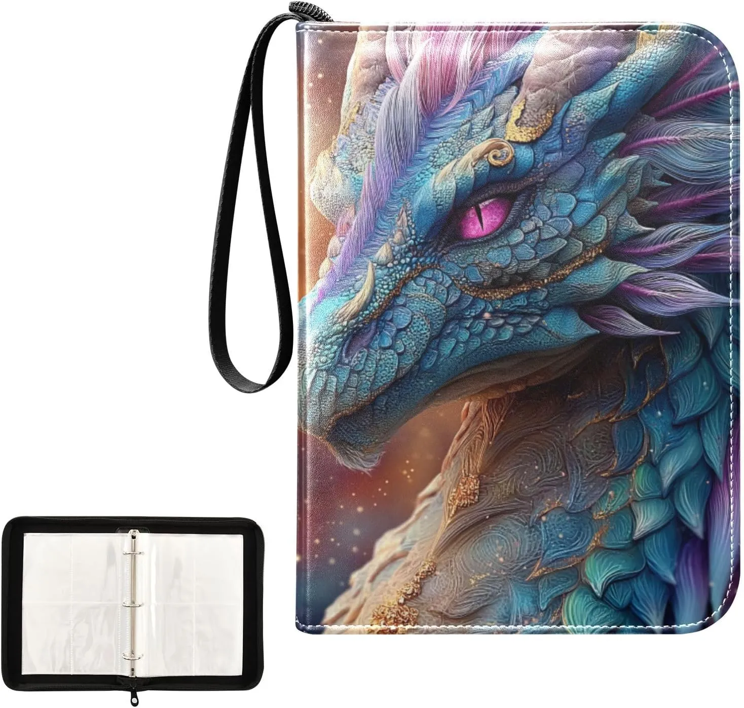 Blue Pink Colorful Dragon Card Binder 4 Pocket, Trading Card Holder Fits 400 Game Cards with 50 Removable Sleeves, MTG Card Case Standard Size