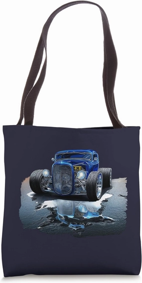 Blue Hot Rod Puddle Reflection Classic Car Vintage Hot Rod Tote Bag
