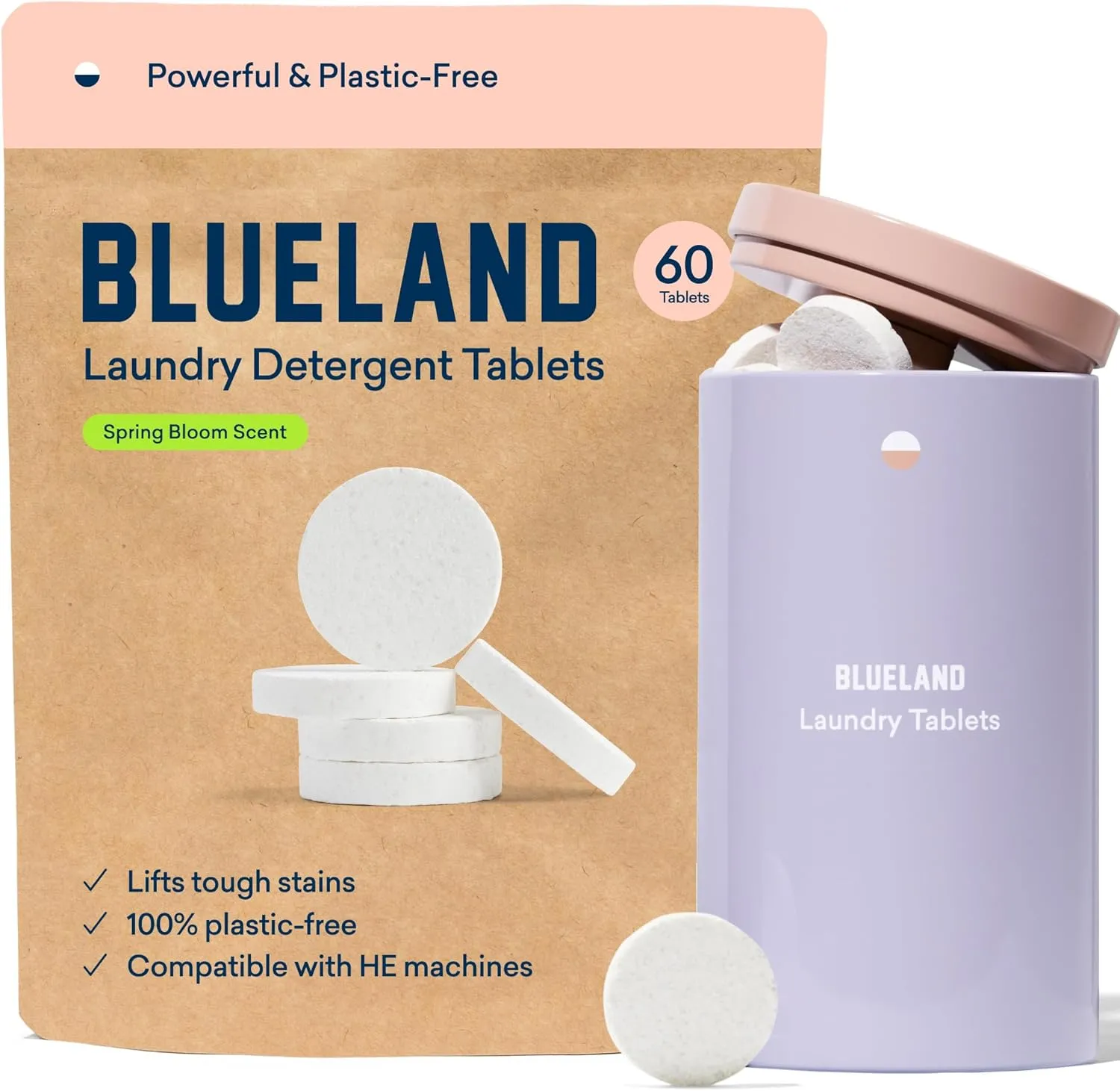 BLUELAND Laundry Detergent Tablets, Starter Set, 60 Count with Tin, Spring Bloom Scent, Plastic-Free Eco-Friendly Pods, Sheets, Liquid Alternative - Natural, Gentle, Non Toxic