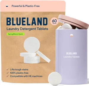 BLUELAND Laundry Detergent Tablets, Starter Set, 60 Count with Tin, Spring Bloom Scent, Plastic-Free Eco-Friendly Pods, Sheets, Liquid Alternative - Natural, Gentle, Non Toxic