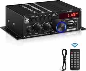 Bluetooth 5.0 Audio Power Amplifier AK-380 400W 400W 2.0 CH HiFi Stereo Amp Receiver with USB,SD,AUX,FM Antenna for Car Home Speaker Bar Party-(Without Power Adapter)