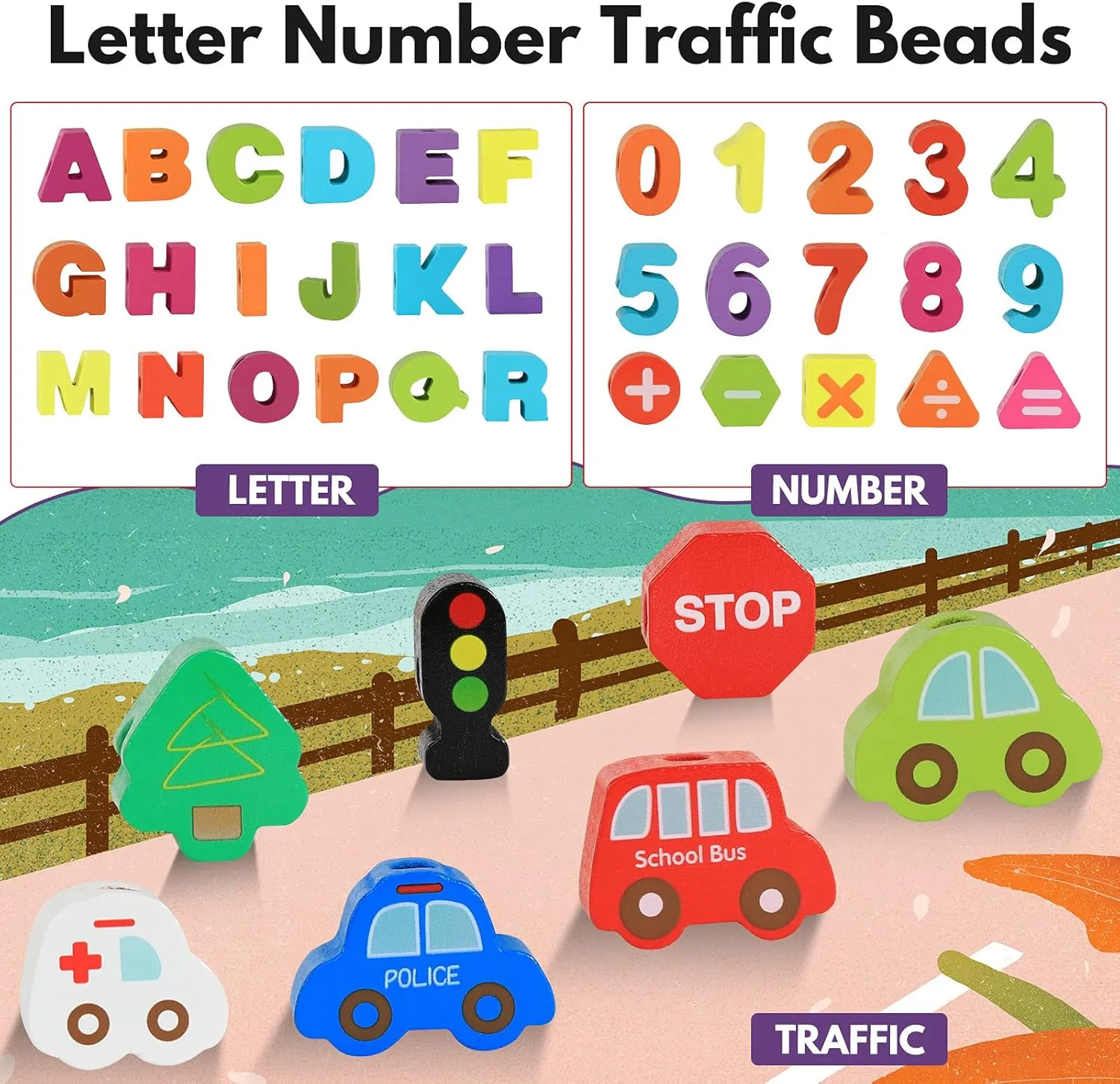 BMTOYS Wooden Lacing Toy Alphabet Number Threading Beads for Boys Girls Age 3 4 5 6 Montessori Educational Learning Birthday Gift