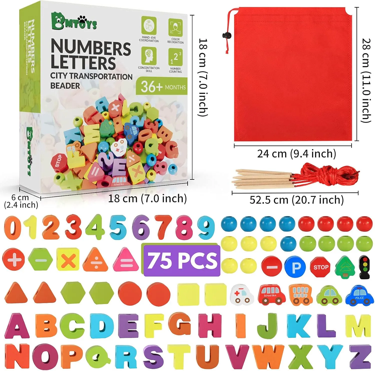 BMTOYS Wooden Lacing Toy Alphabet Number Threading Beads for Boys Girls Age 3 4 5 6 Montessori Educational Learning Birthday Gift
