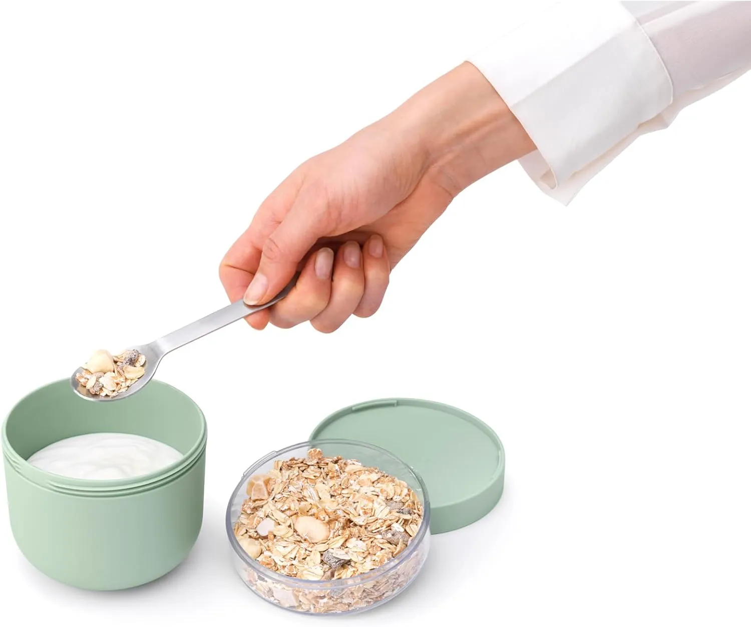 Brabantia Make & Take Breakfast Bowl with Removable Clear Compartment for Toppings (Jade Green) 100% Leakproof, Microwave & Freezer Safe, Oats, Fruit, Cereal Container (17 fl oz)